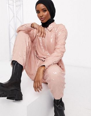 EDITION sequin shirt & jogger co-ord in pink