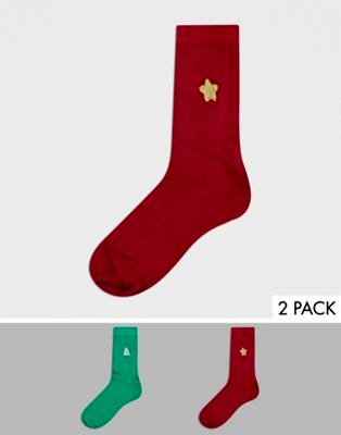 Набор из 2 пар новогодних носков до щиколотки с вышивкой